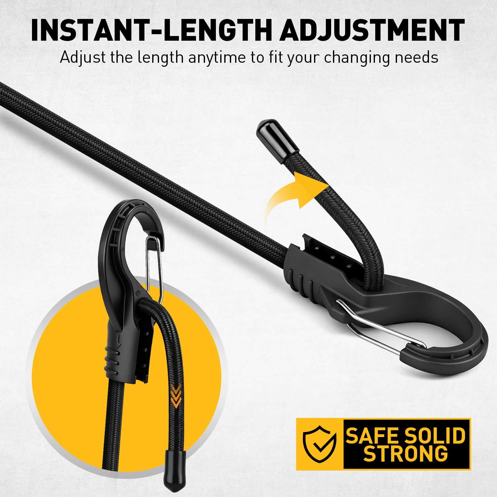 ELEAD bungee cord roll elasticity demo illustrates up to 2x stretch without brittleness