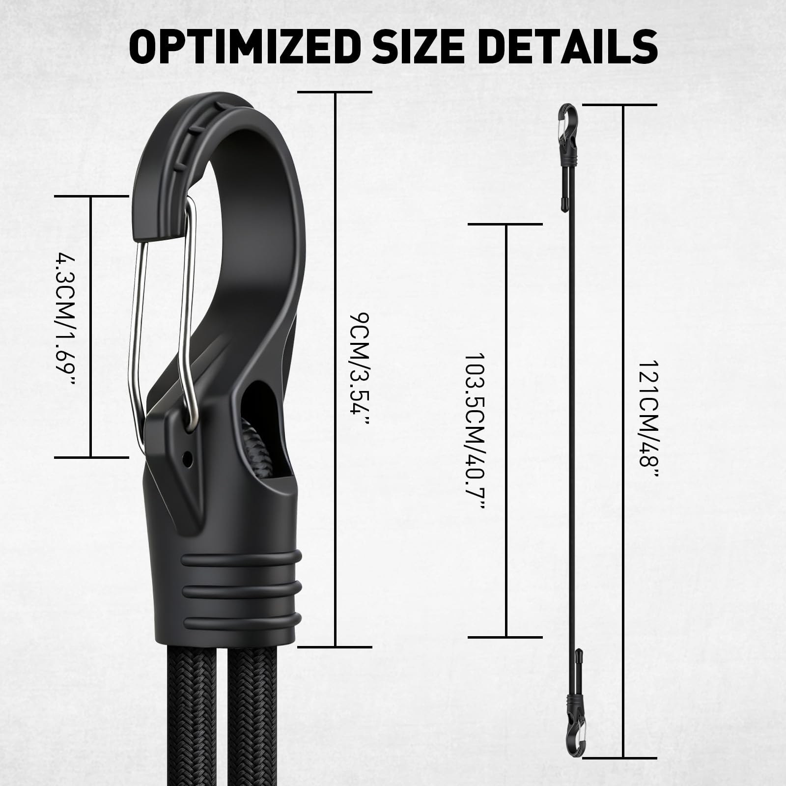 ELEAD adjustable bungee cords showing length adjustment from seven to forty eight inches
