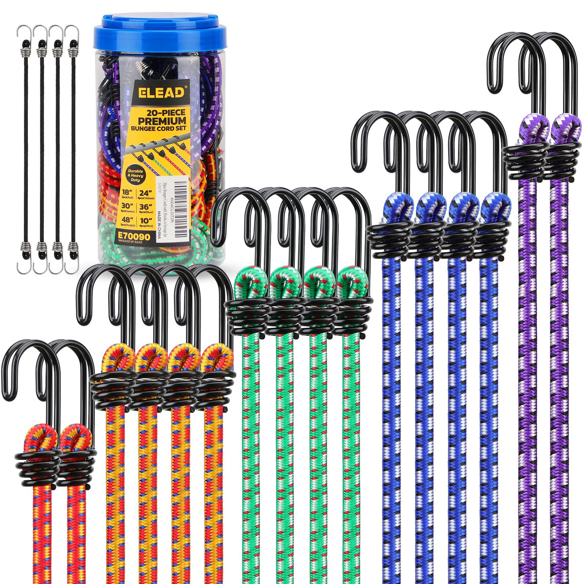 ELEAD bungee cords stored in a jar for quick outdoor organization.