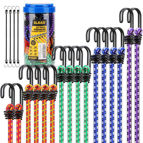 ELEAD bungee cords stored in a jar for quick outdoor organization.