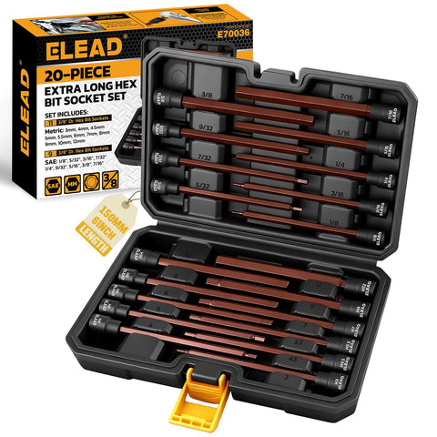 ELEAD extra-long hex bit sockets inside a rugged case for easy reach in tight spaces.