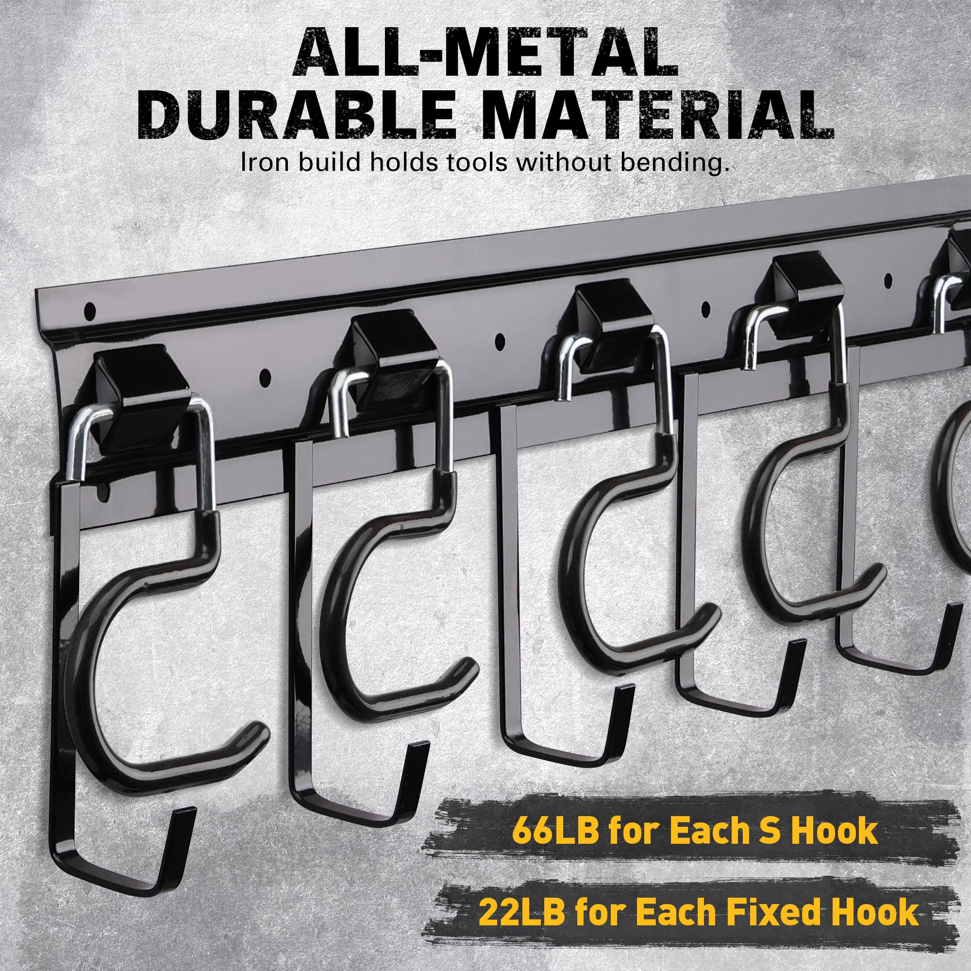 ELEAD fixed hooks detail supports mop, broom, rake storage.