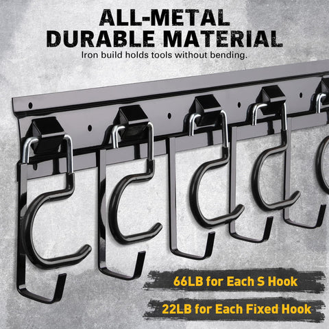 ELEAD fixed hooks detail supports mop, broom, rake storage.