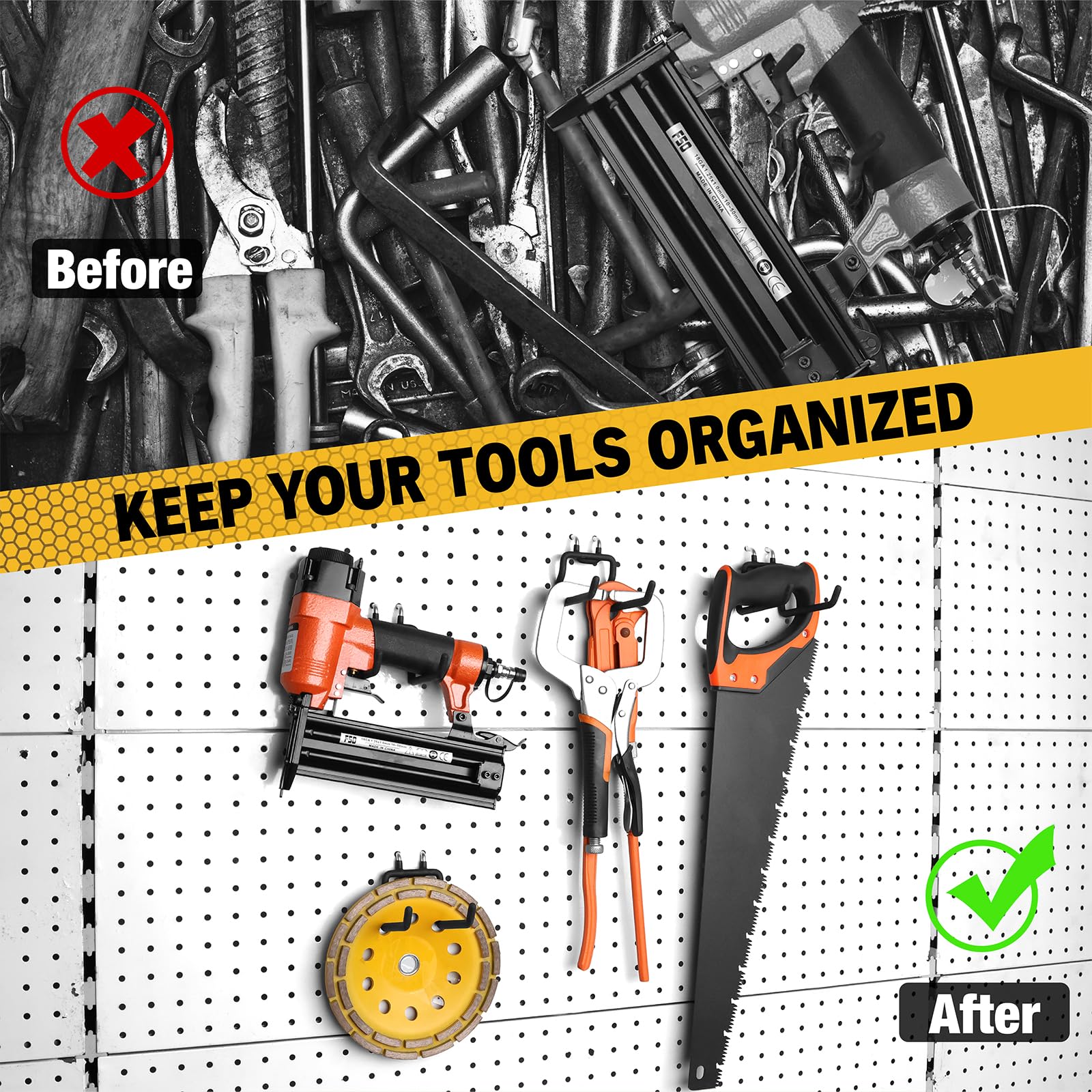 ELEAD workshop pegboard hooks for easy tool access and display