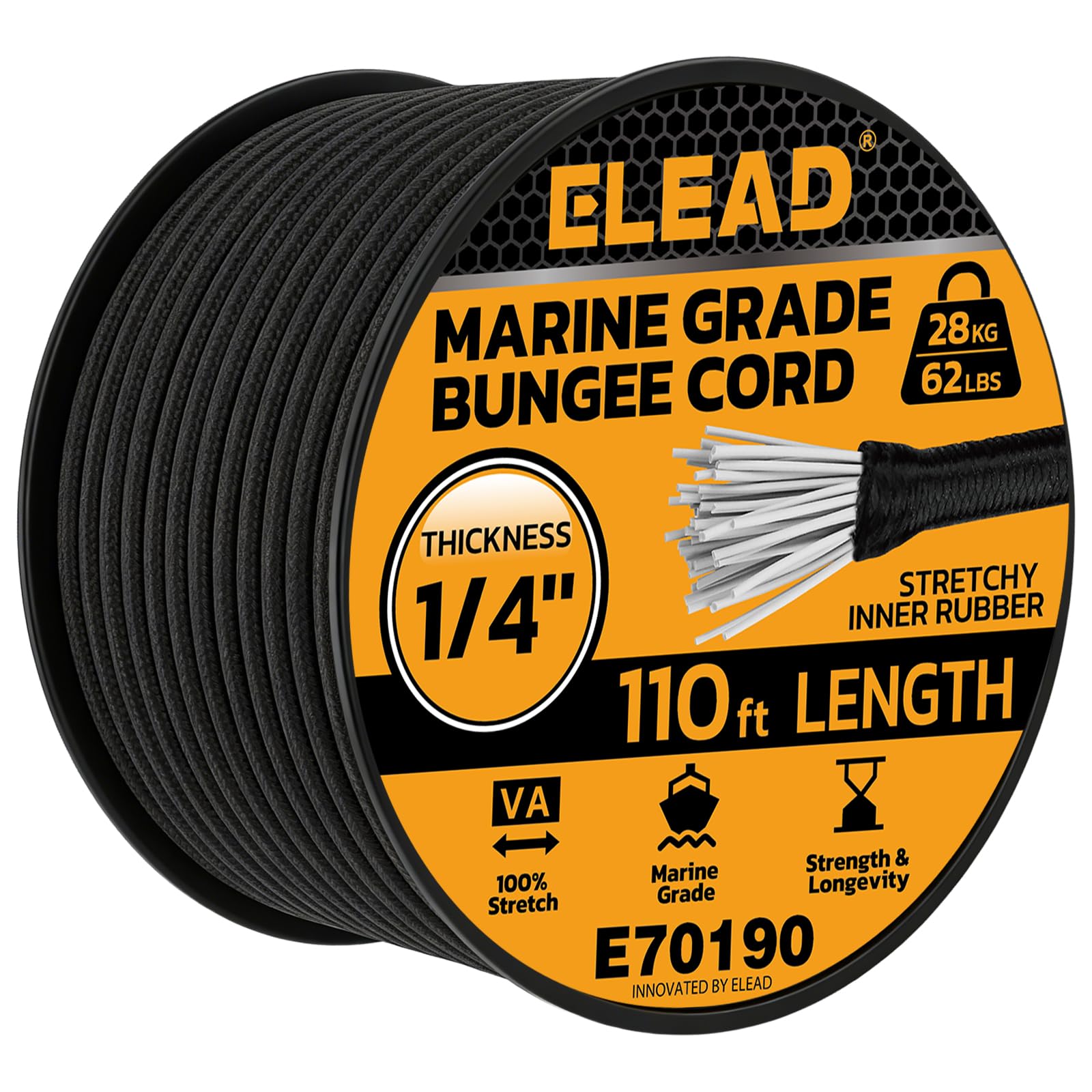 ELEAD heavy-duty bungee cord roll—110ft for versatile cargo securing and camping.