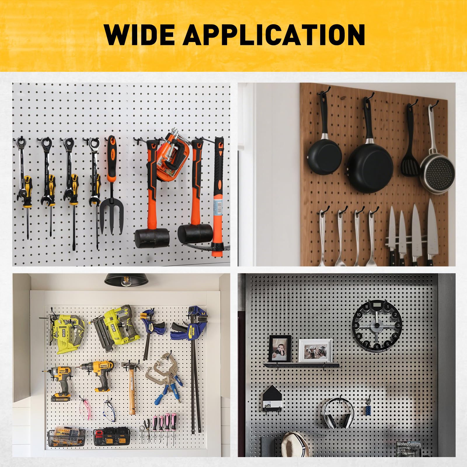 ELEAD heavy-duty pegboard hooks supporting up to 55 lbs per hook.