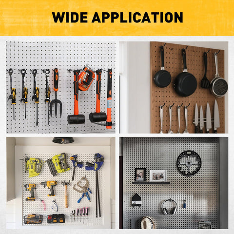 ELEAD heavy-duty pegboard hooks supporting up to 55 lbs per hook.