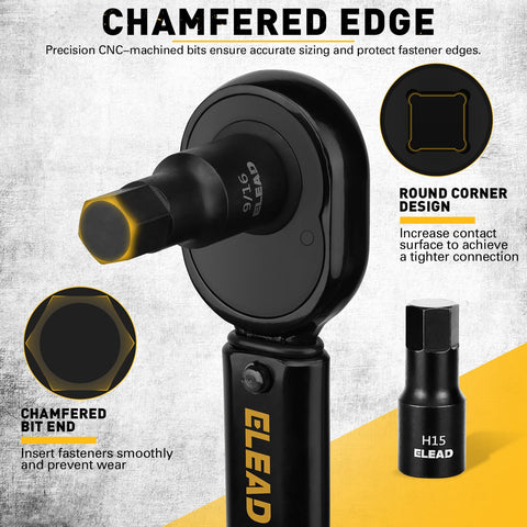 ELEAD laser-etched dimensions on sockets enable fast size identification.