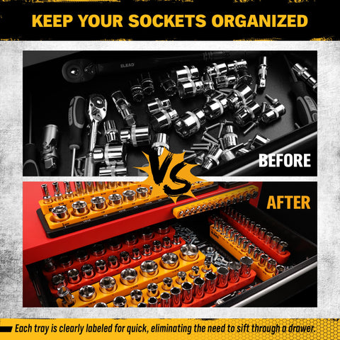 ELEAD magnetic socket organizer for 3/8 drive keeps sockets secure and within reach.