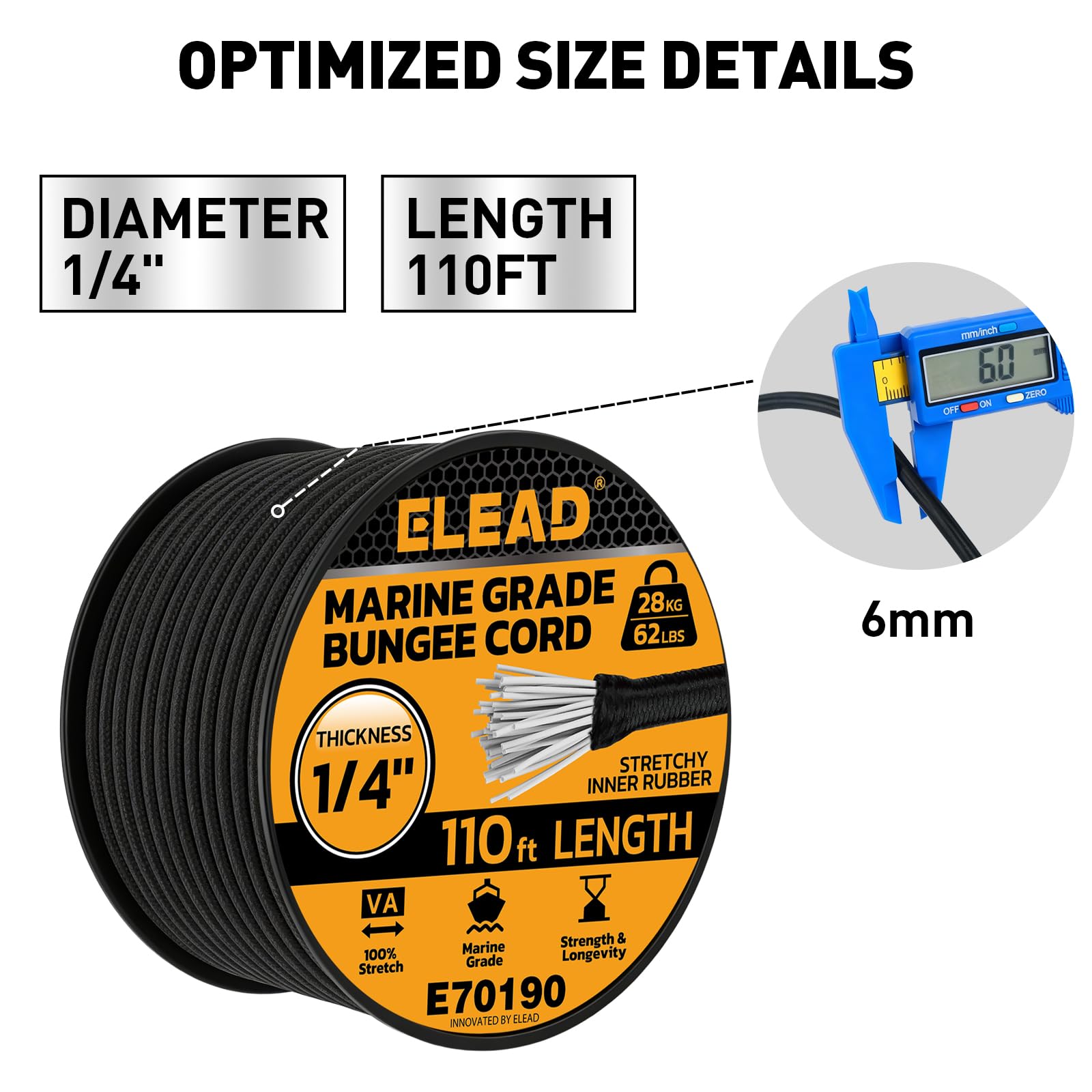 ELEAD marine-grade bungee with waterproof core resists UV and saltwater for outdoor reliability.