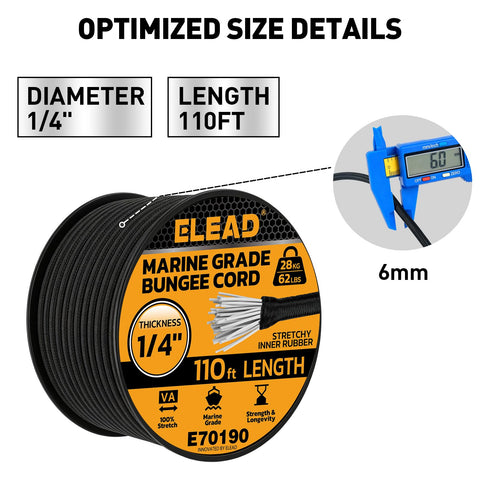 ELEAD marine-grade bungee with waterproof core resists UV and saltwater for outdoor reliability.