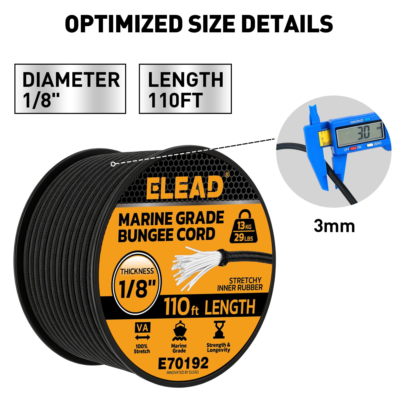 ELEAD marine-grade bungee with waterproof core resists UV and water