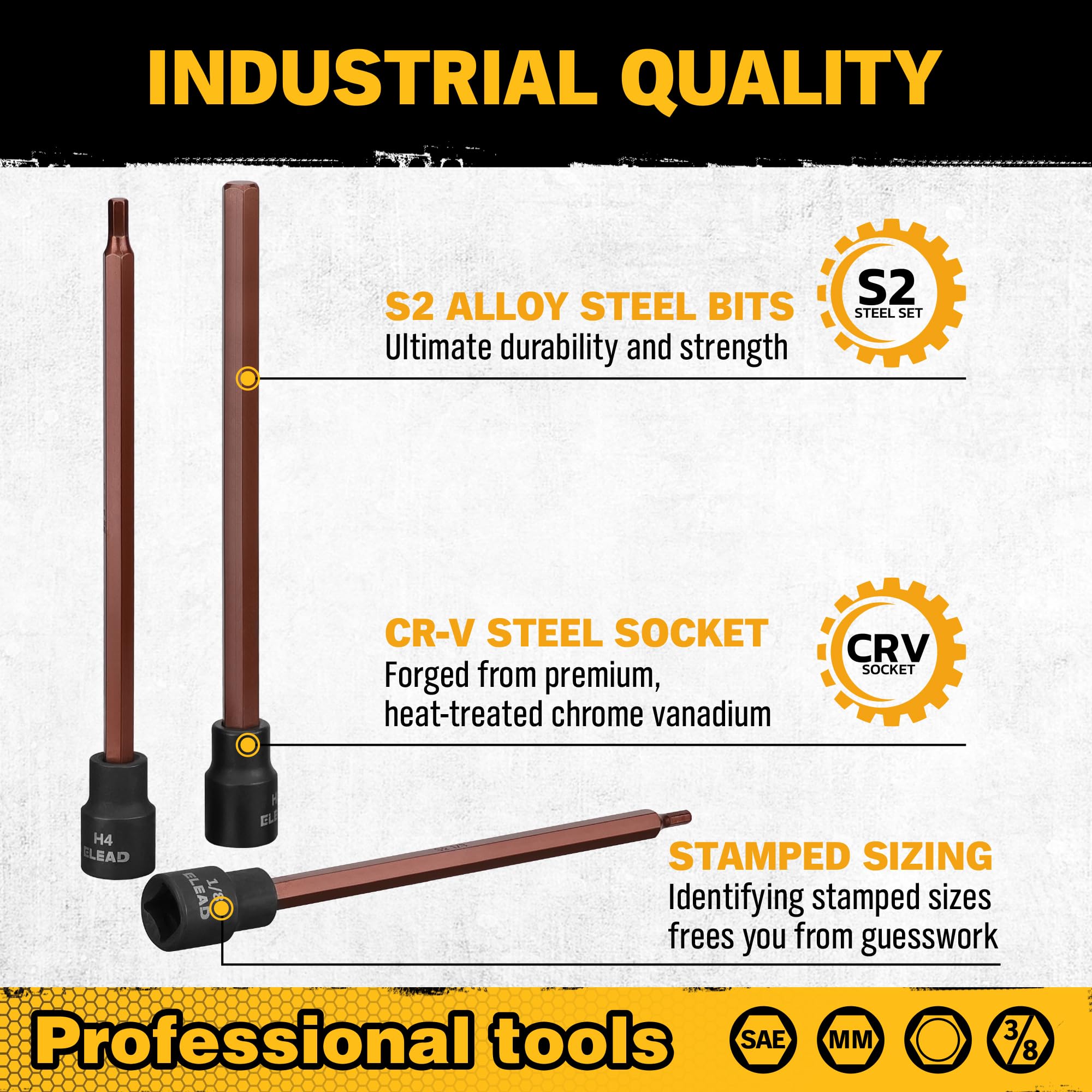 ELEAD metric and SAE sizes cover 3mm to 12mm and 1/8 to 7/16 inches.