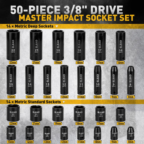 ELEAD metric and SAE sockets with laser-etched sizes for fast identification.