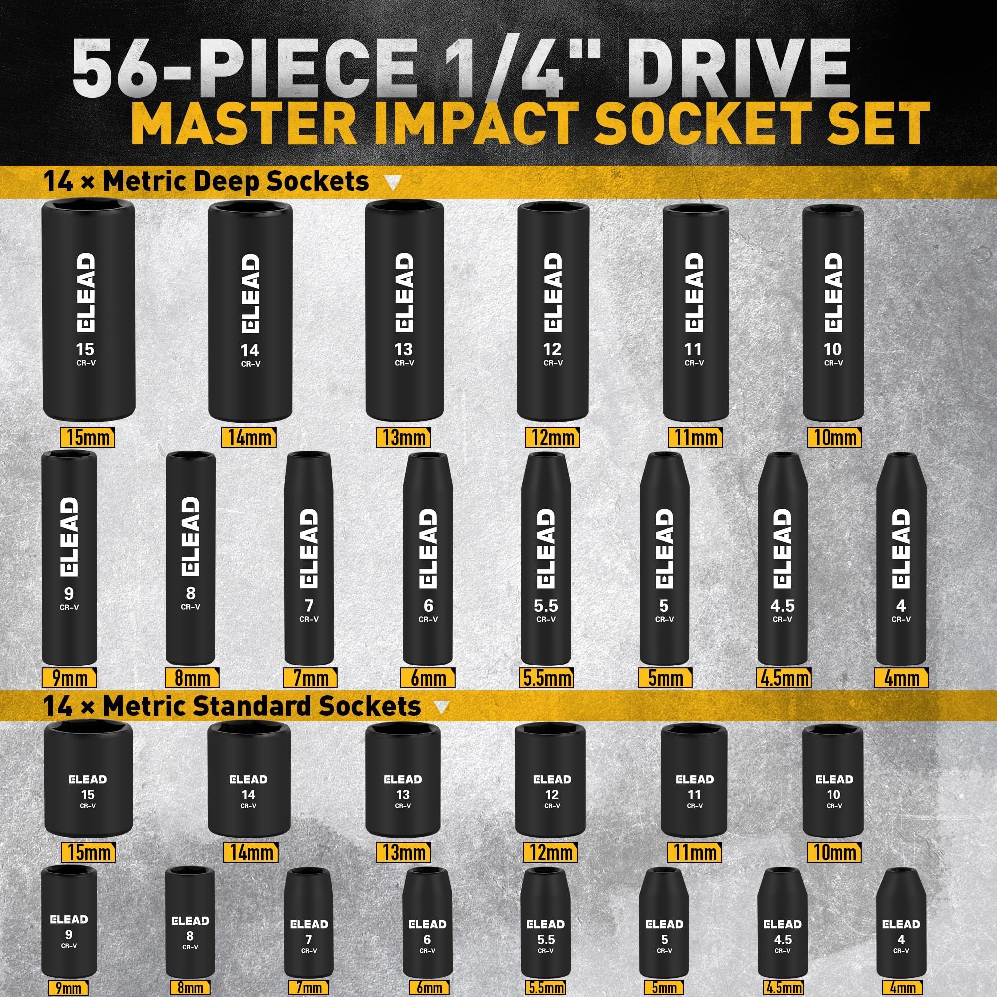 ELEAD metric and SAE sockets provide versatile sizing for automotive maintenance projects.