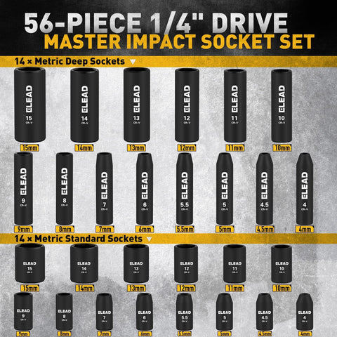 ELEAD metric and SAE sockets provide versatile sizing for automotive maintenance projects.