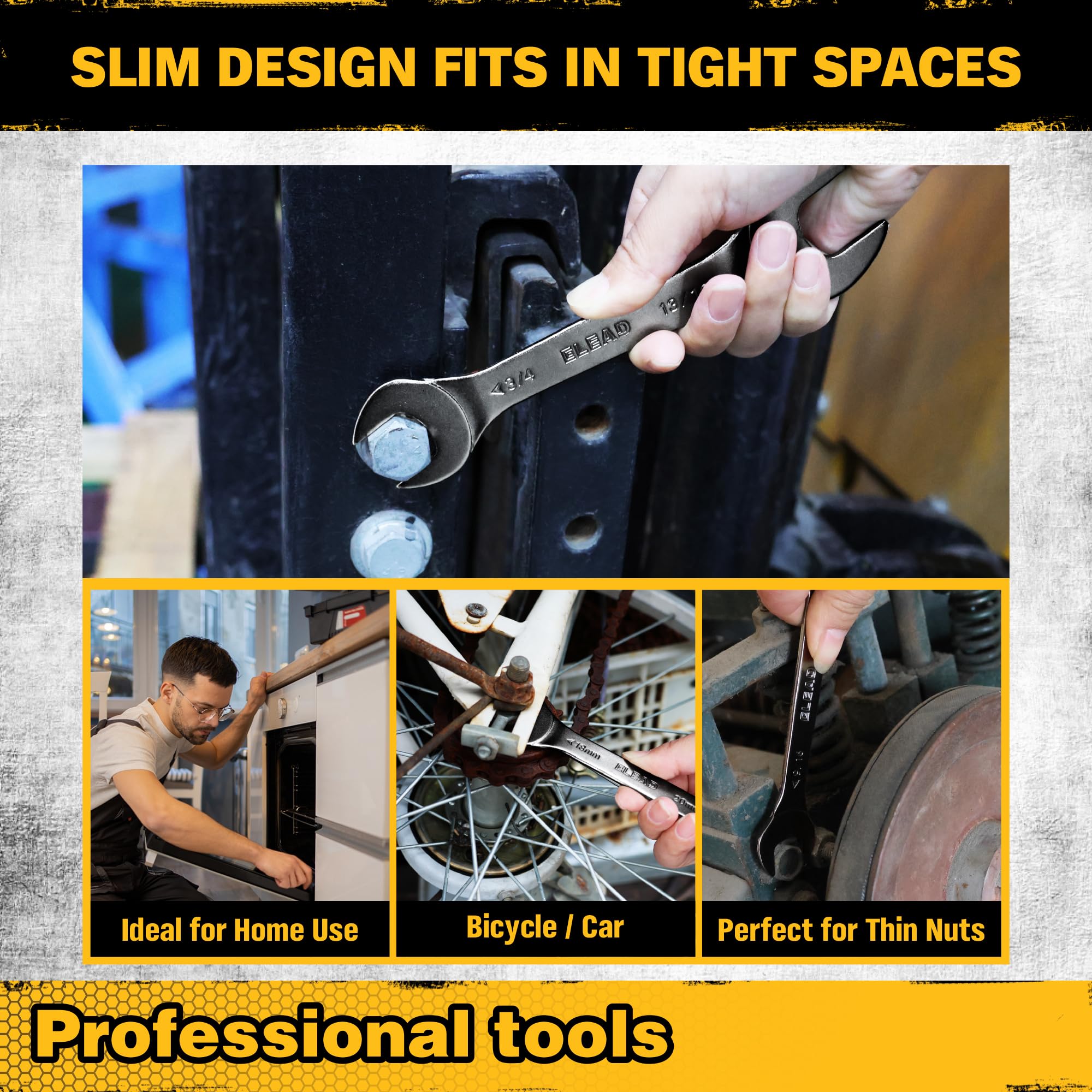 Metric and SAE wrenches covering 5.5–27 mm and 1/4–1-1/16 in