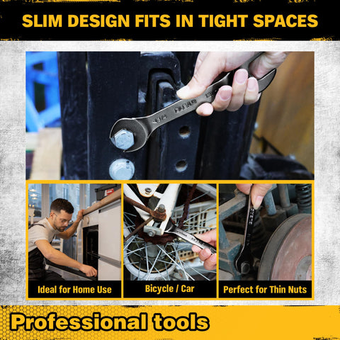 Metric and SAE wrenches covering 5.5–27 mm and 1/4–1-1/16 in