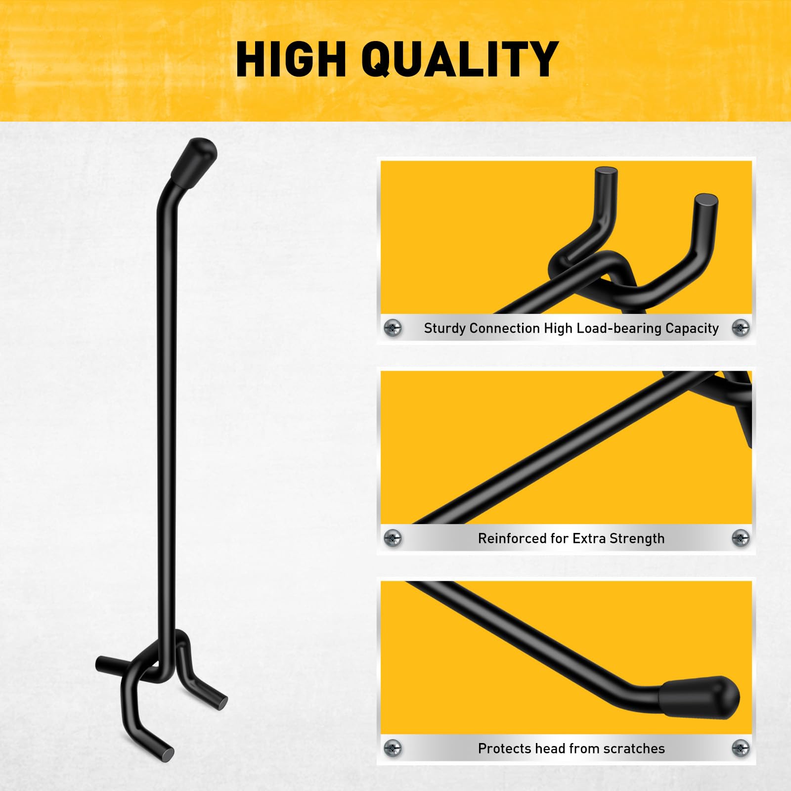 ELEAD one-piece L-shaped pegboard hangers providing stable mounting.