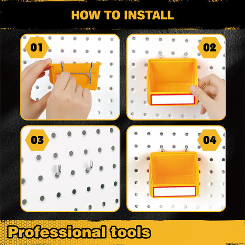 ELEAD pegboard bins mounted on standard pegboard demonstrating universal fit