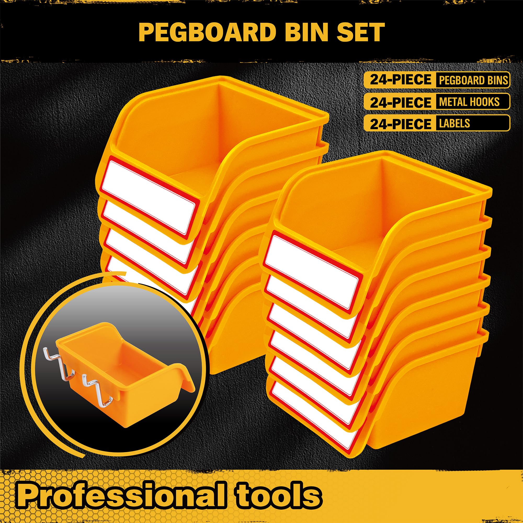 ELEAD pegboard bins mounted with wall hooks for quick access