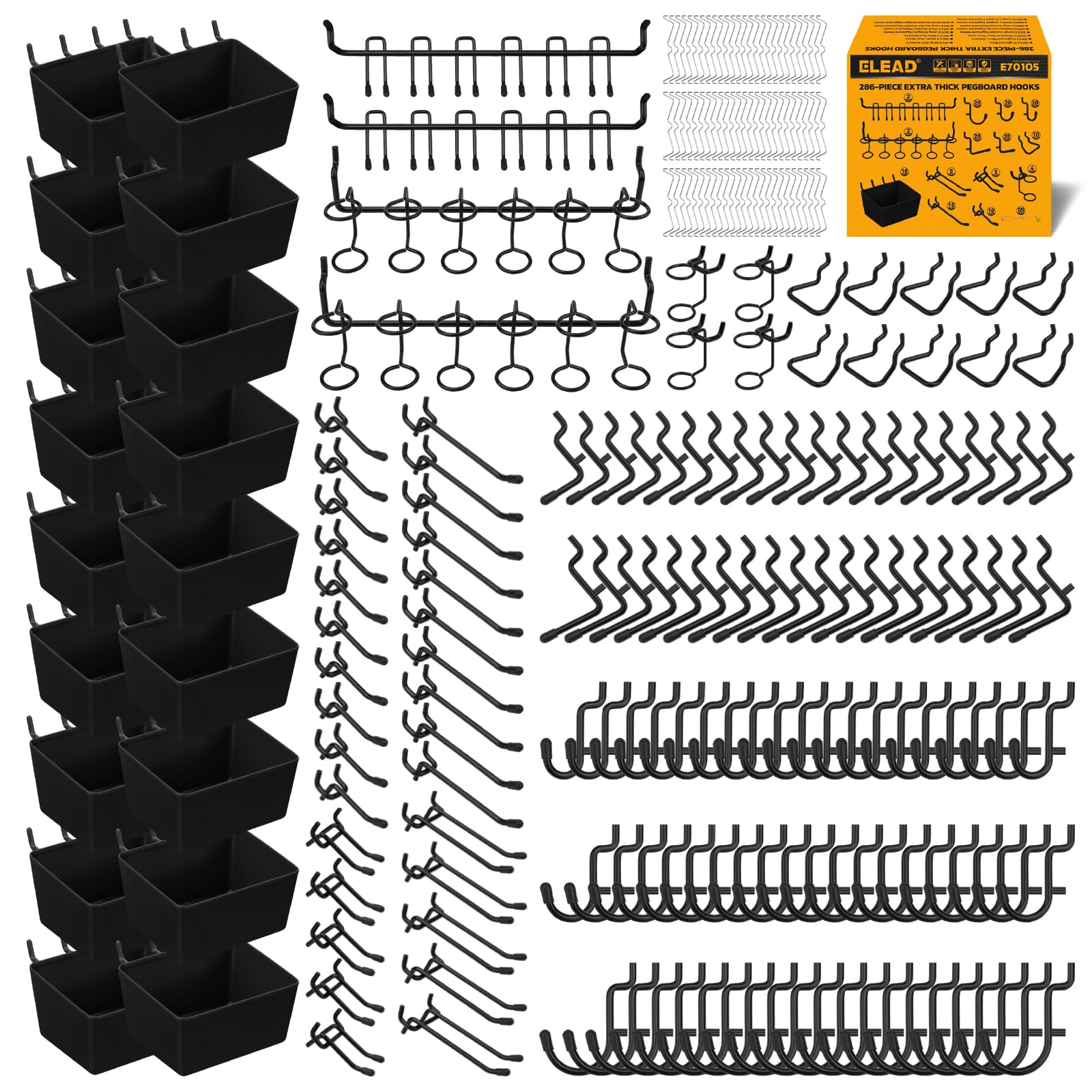ELEAD 286-piece pegboard hooks set ready for installation on a clean wall