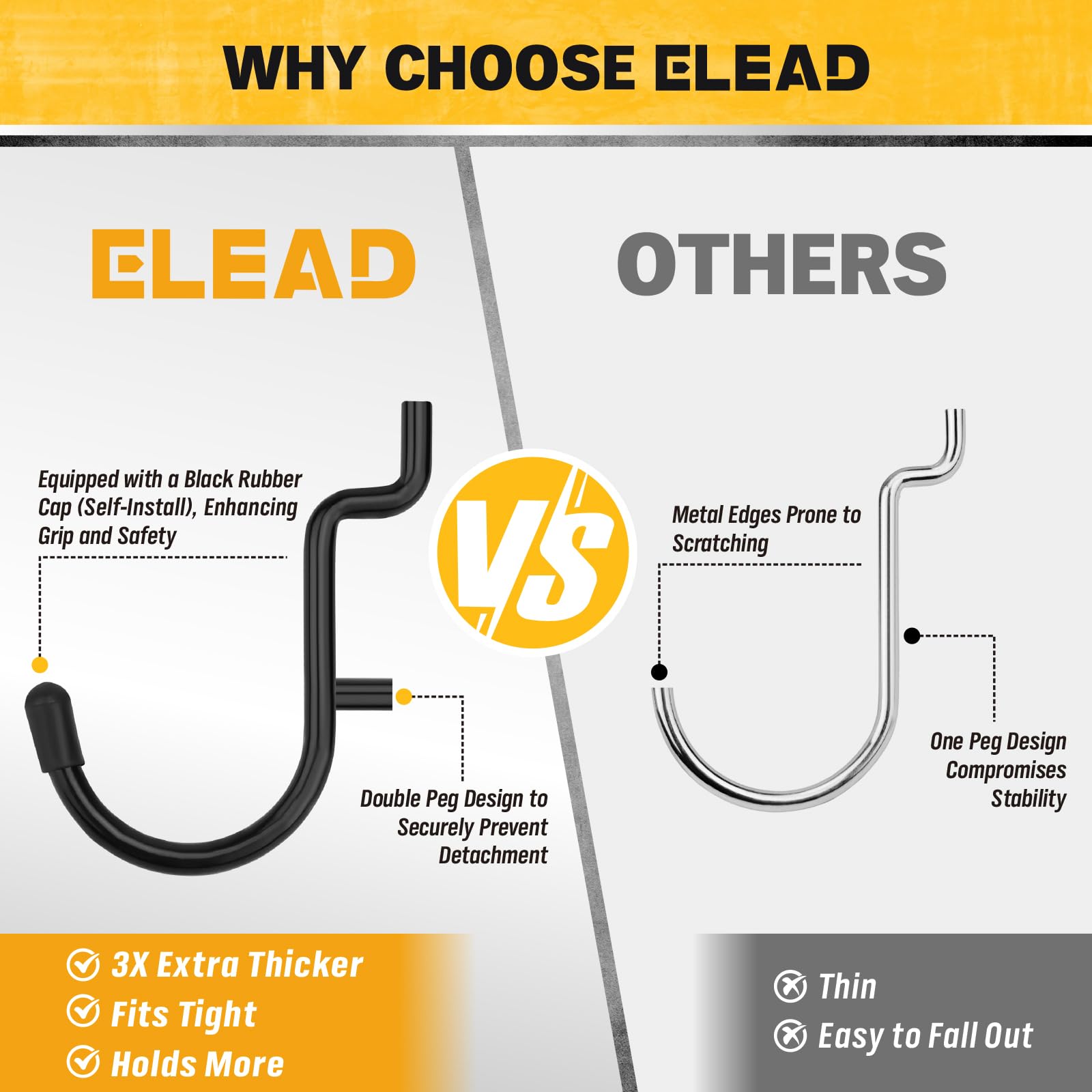 ELEAD peg lock technology provides stability on pegboard walls