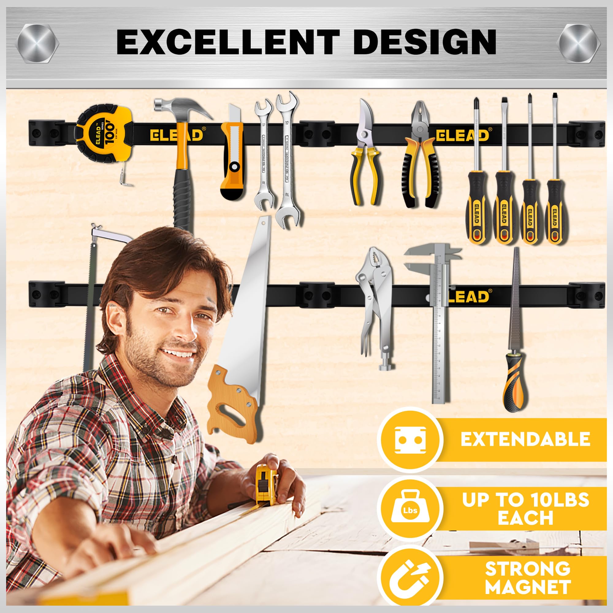 ELEAD pliers, wrenches, and screwdrivers stored by magnetic strips