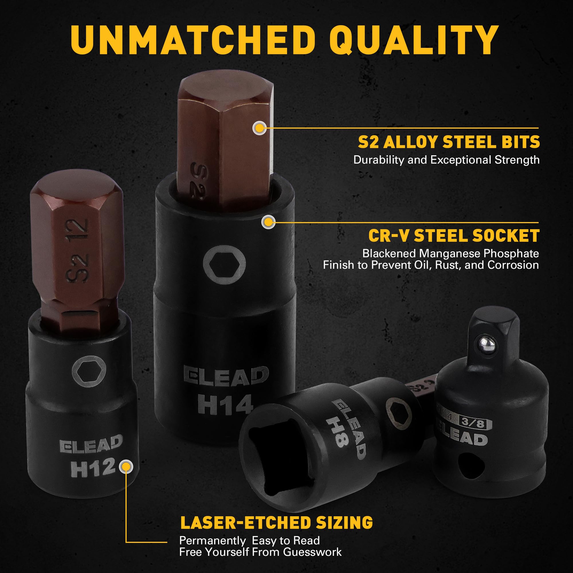 ELEAD premium S2 steel with chrome vanadium delivers lasting durability.
