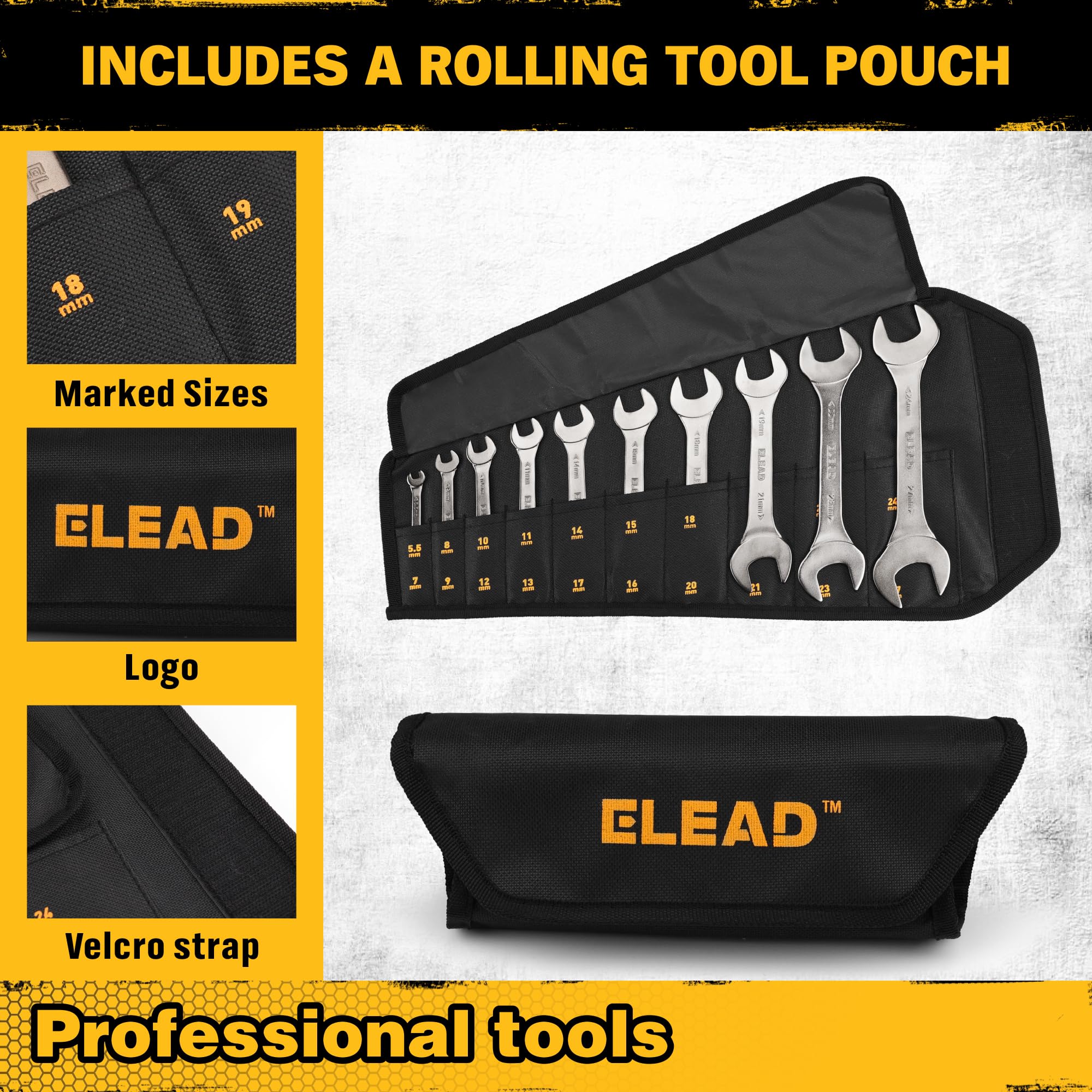 ELEAD roll-up pouch keeps wrenches organized and portable.