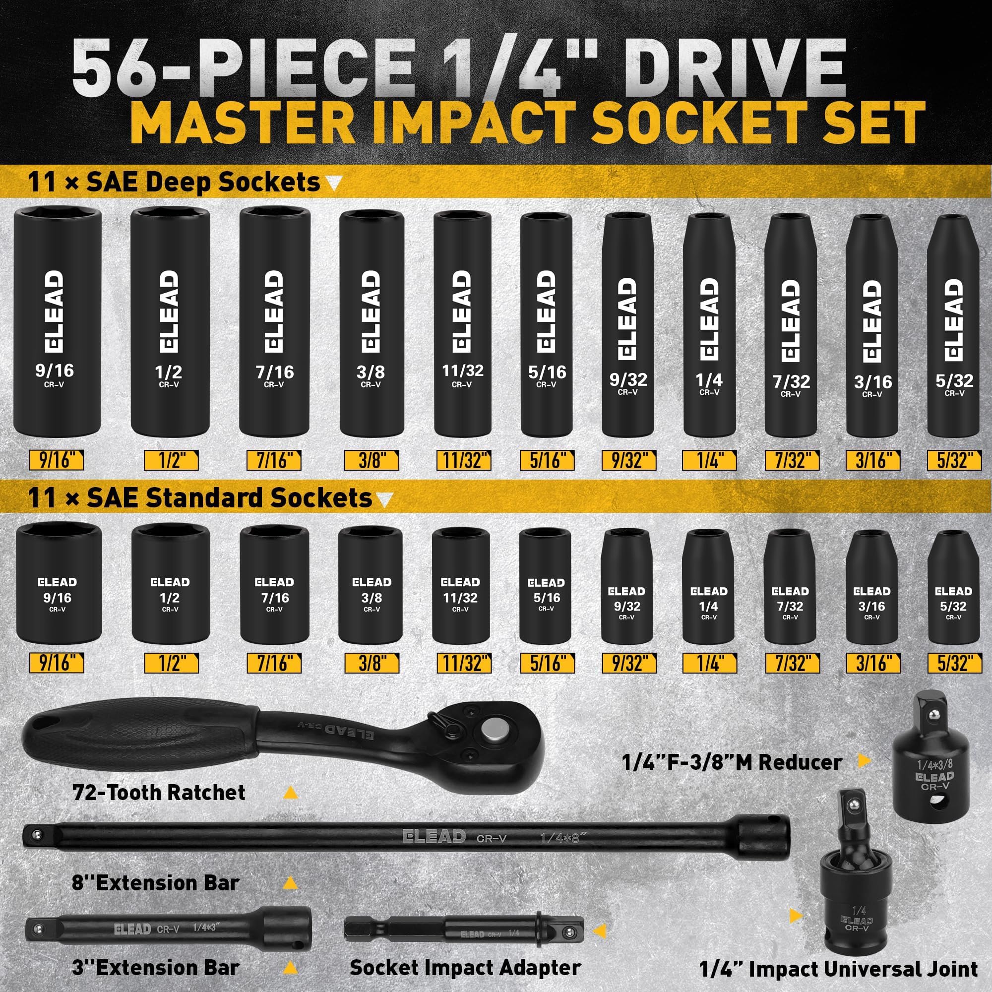ELEAD six-point sockets grip fasteners securely to prevent rounding during tough jobs.