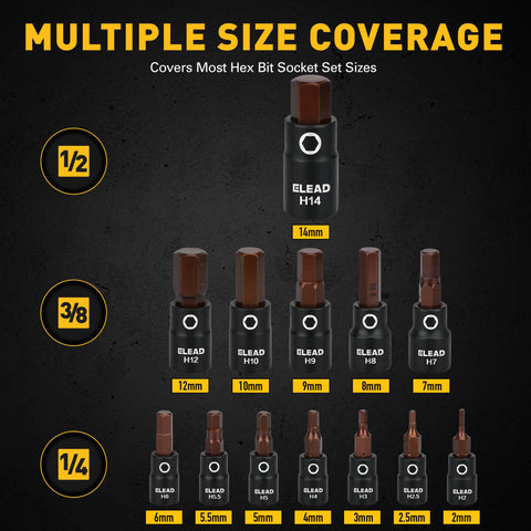 ELEAD socket adapters for 1/4 inch, 3/8 inch, and 1/2 inch drives.