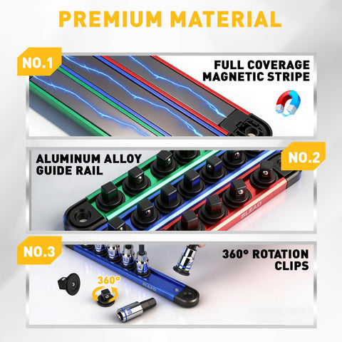 ELEAD rails keep sockets clearly organized for quick access.