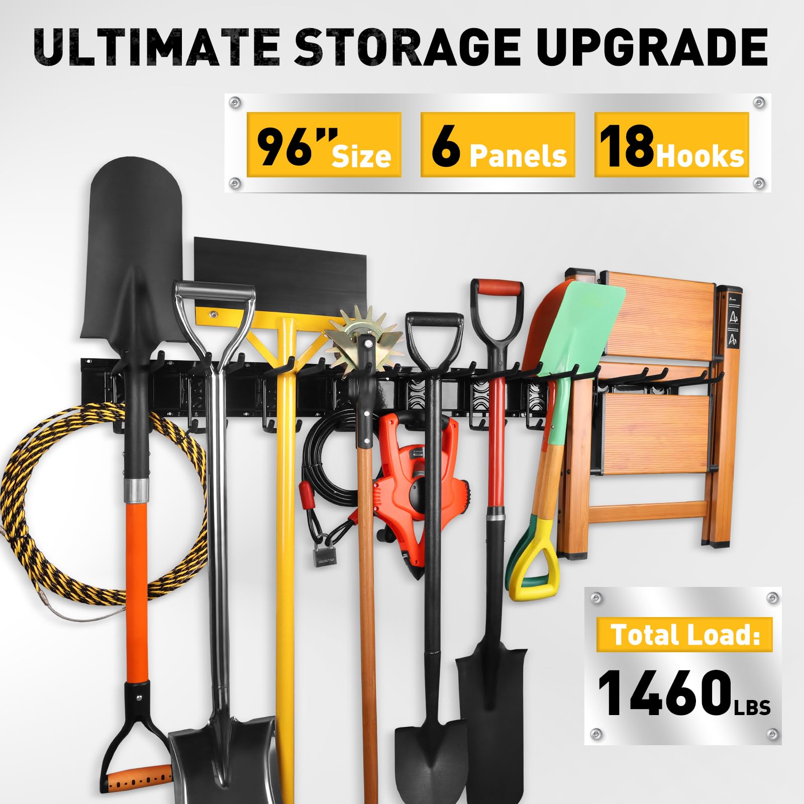 ELEAD space-saving wall system for long-handled tools.