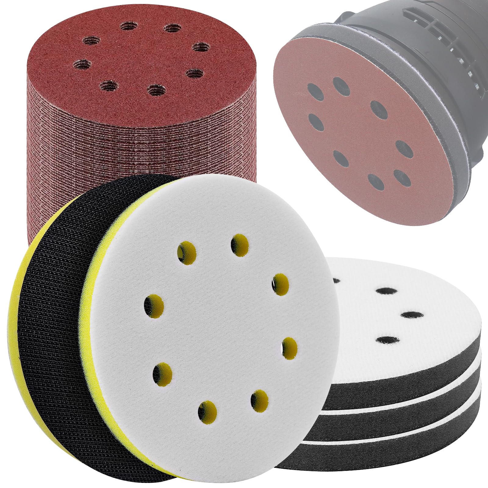 Elechiakan 85-pack orbital sander pads shown for versatile sanding on wood and metal.