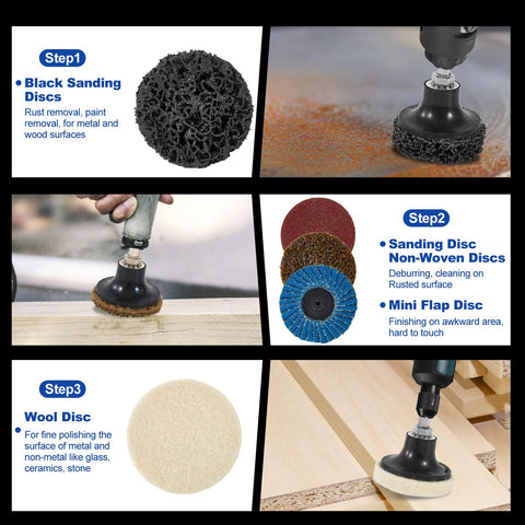 Elechiakan non-woven, flap, and wool discs are included for finishing tasks.