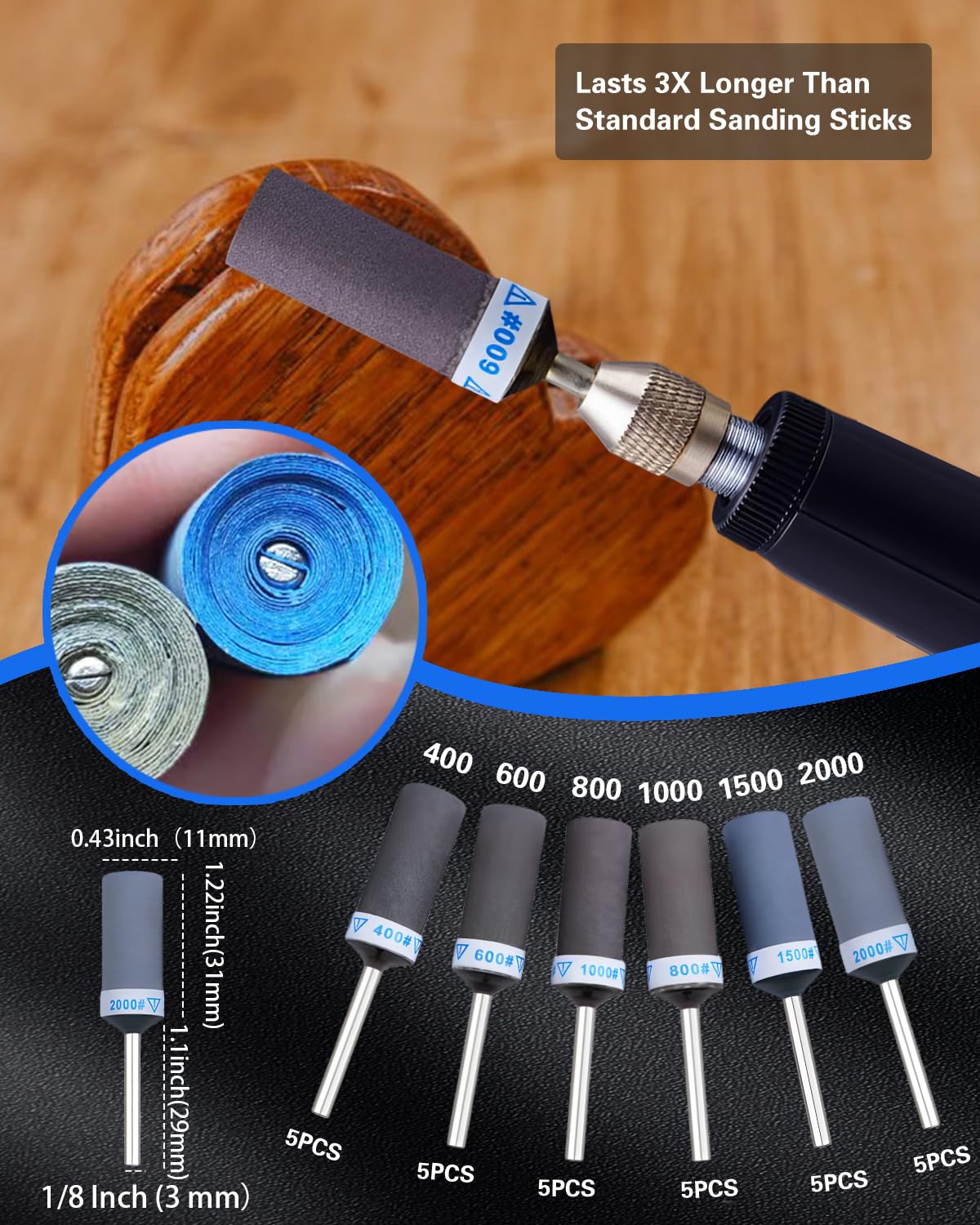 Elechiakan grit-progression set from 400 to 2000 supports rough shaping to mirror finishes.