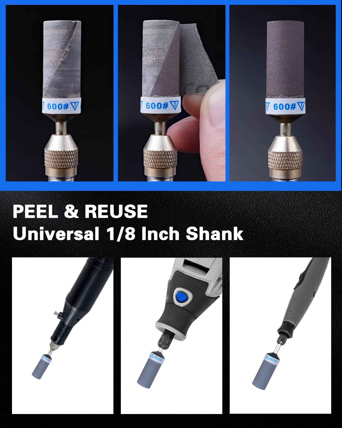 Elechiakan sanding drums are compatible with 1/8 inch shank tools for faster results.