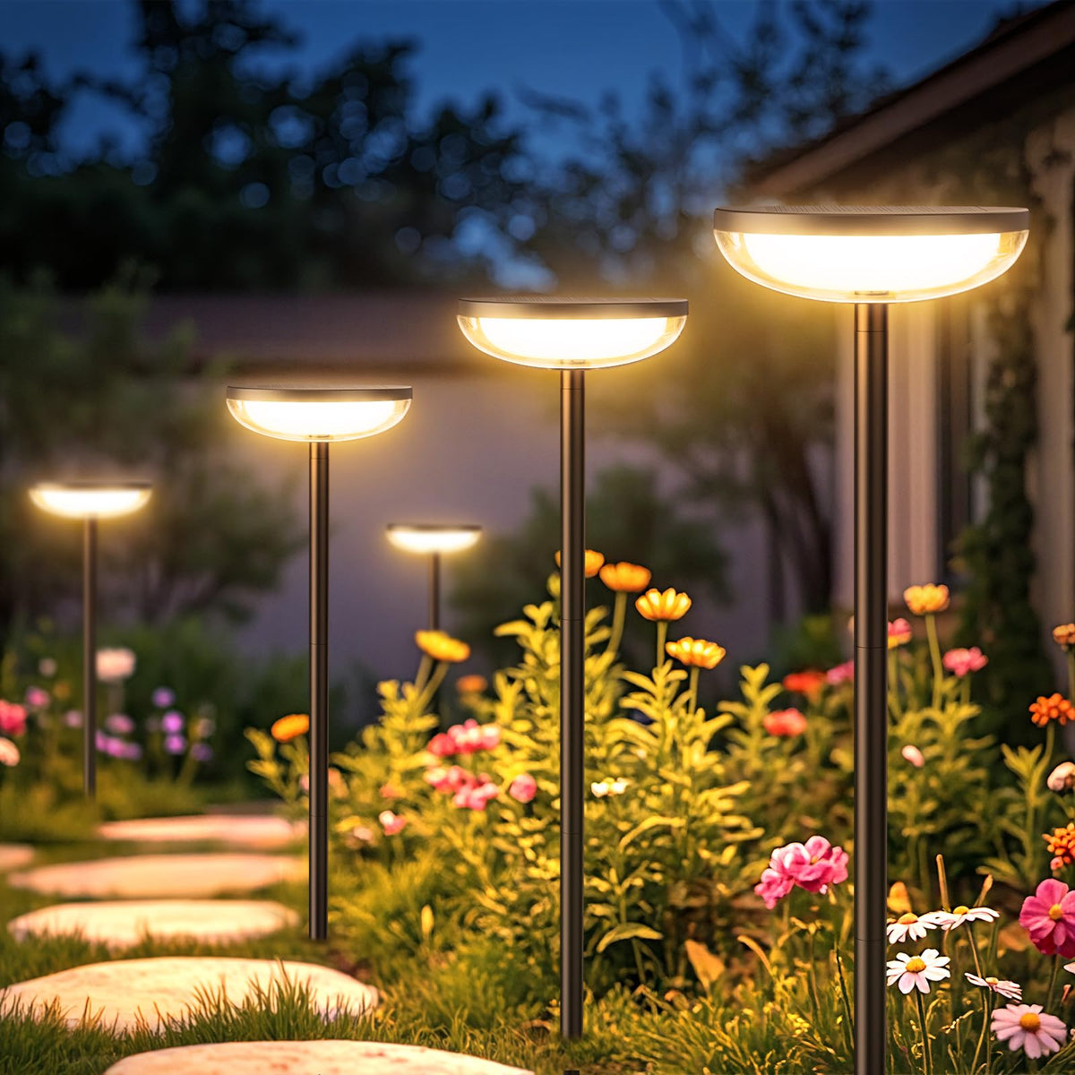 ELECLINK solar pathway lights illuminate a dusk-lit yard with a gentle, even glow
