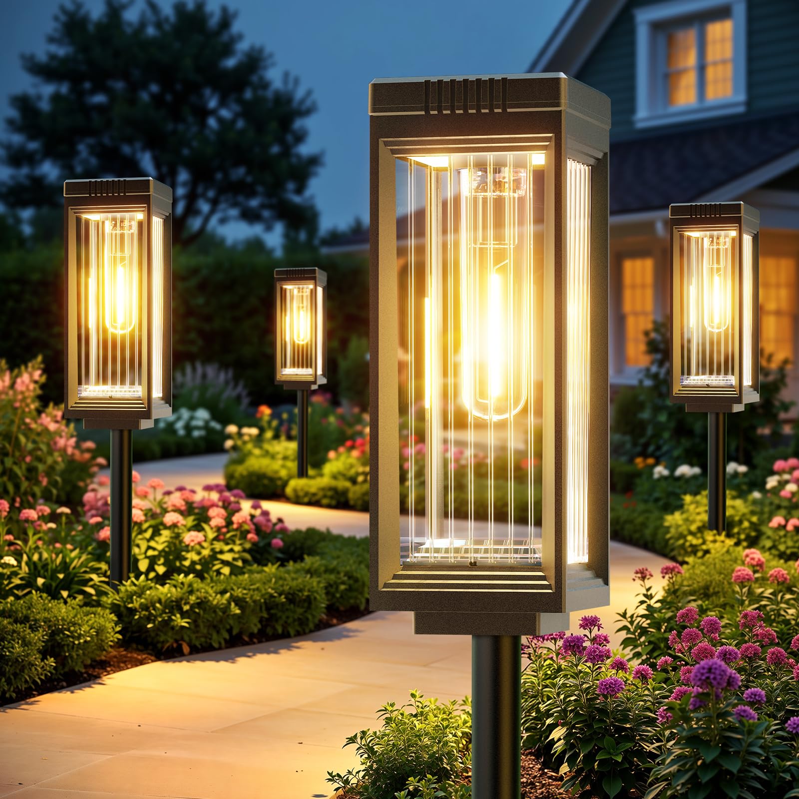 ELECLINK solar pathway lights front view six-pack illuminating outdoor walkways