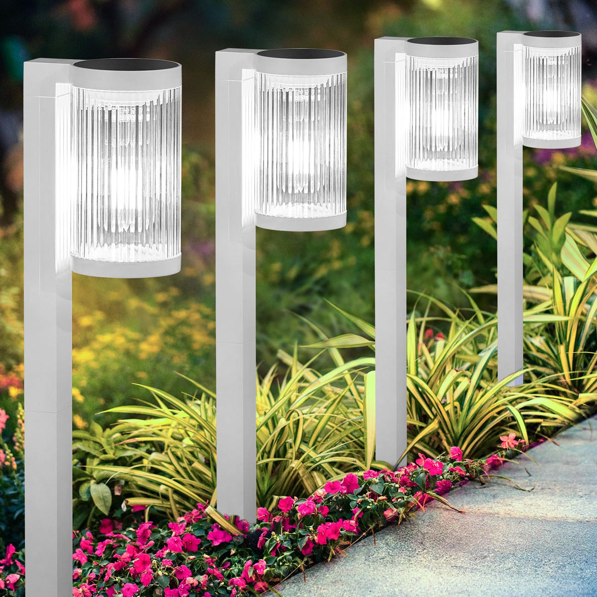 ELECLINK solar pathway lights with striped shade provide even pathway illumination.
