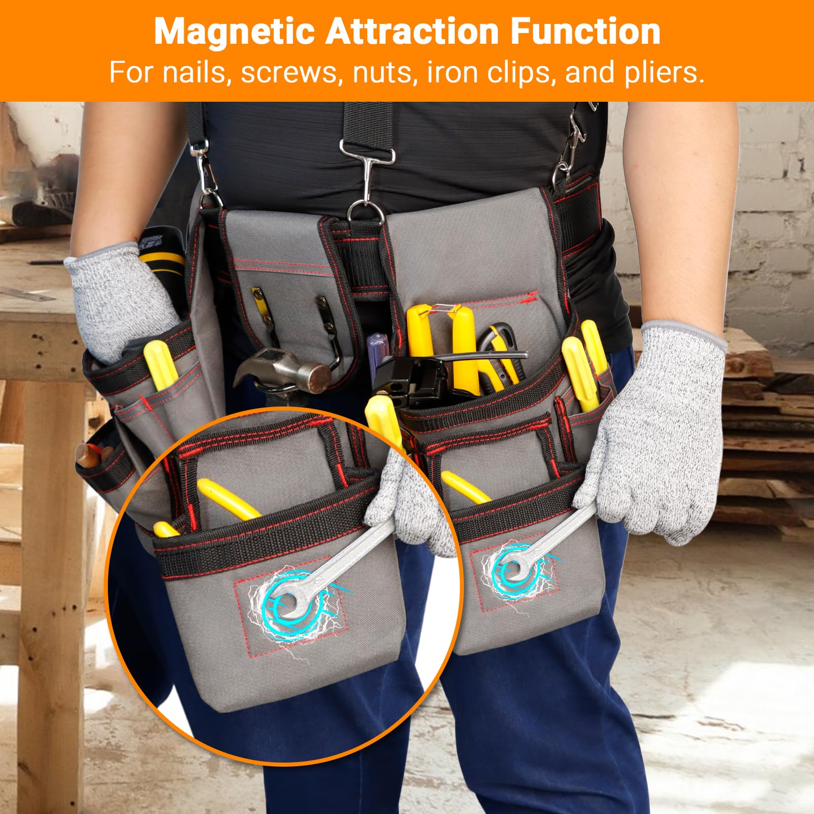 ELECROW magnetic pouches keep nails and screws within easy reach during work.