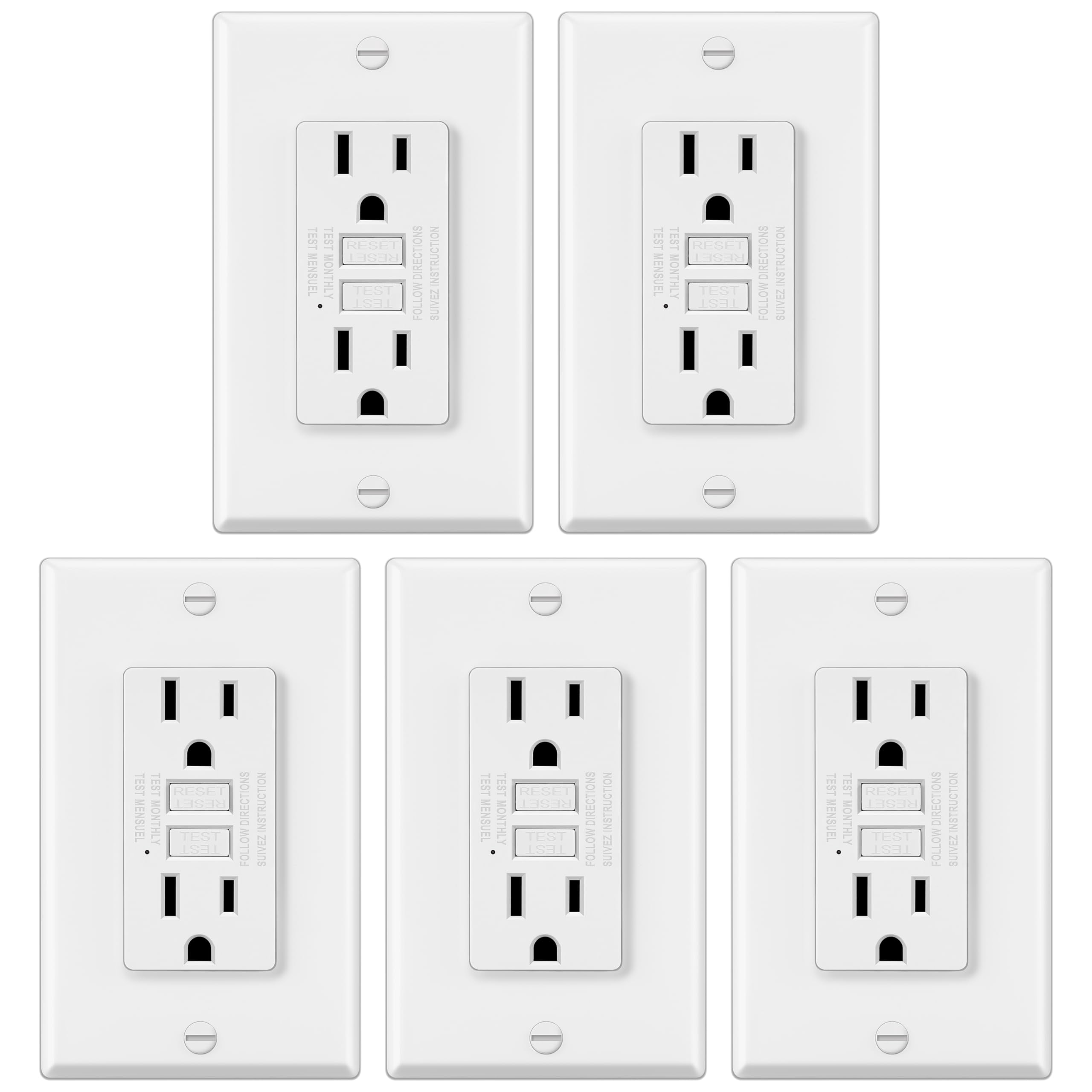 ELECTECK 5 Pack GFCI Outlets 15A Non-Tamper Resistant with LED Indicat ...