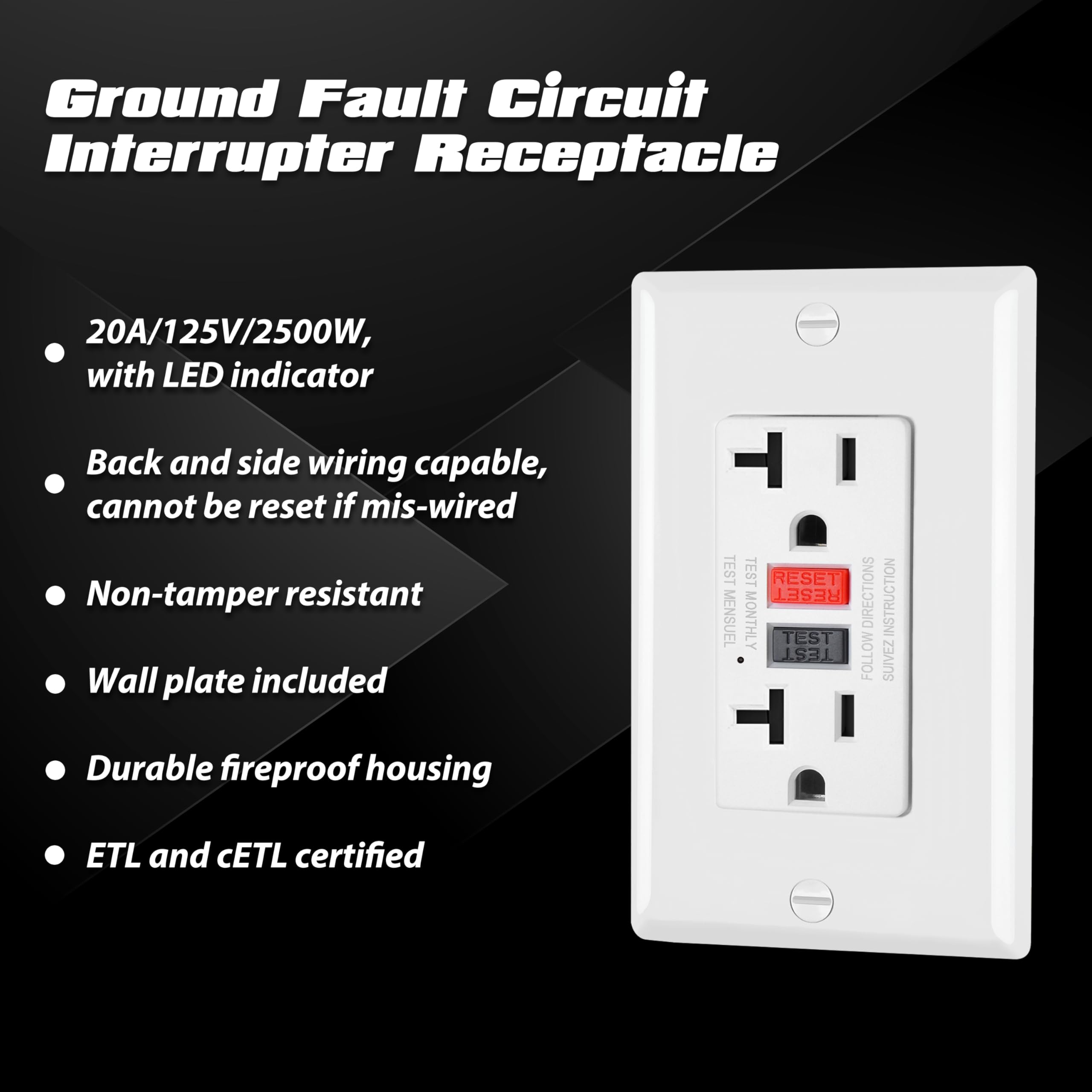 Electeck GFCI outlet with LED indicator green shows power status at a glance.