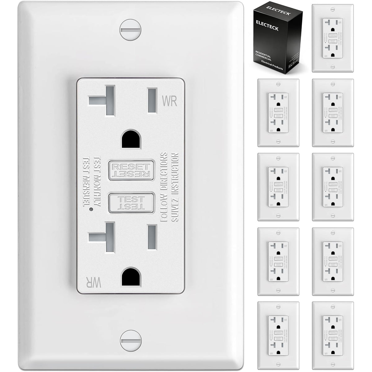 ELECTECK outdoor WR GFCI outlet ready for exterior installation with weather resistance.