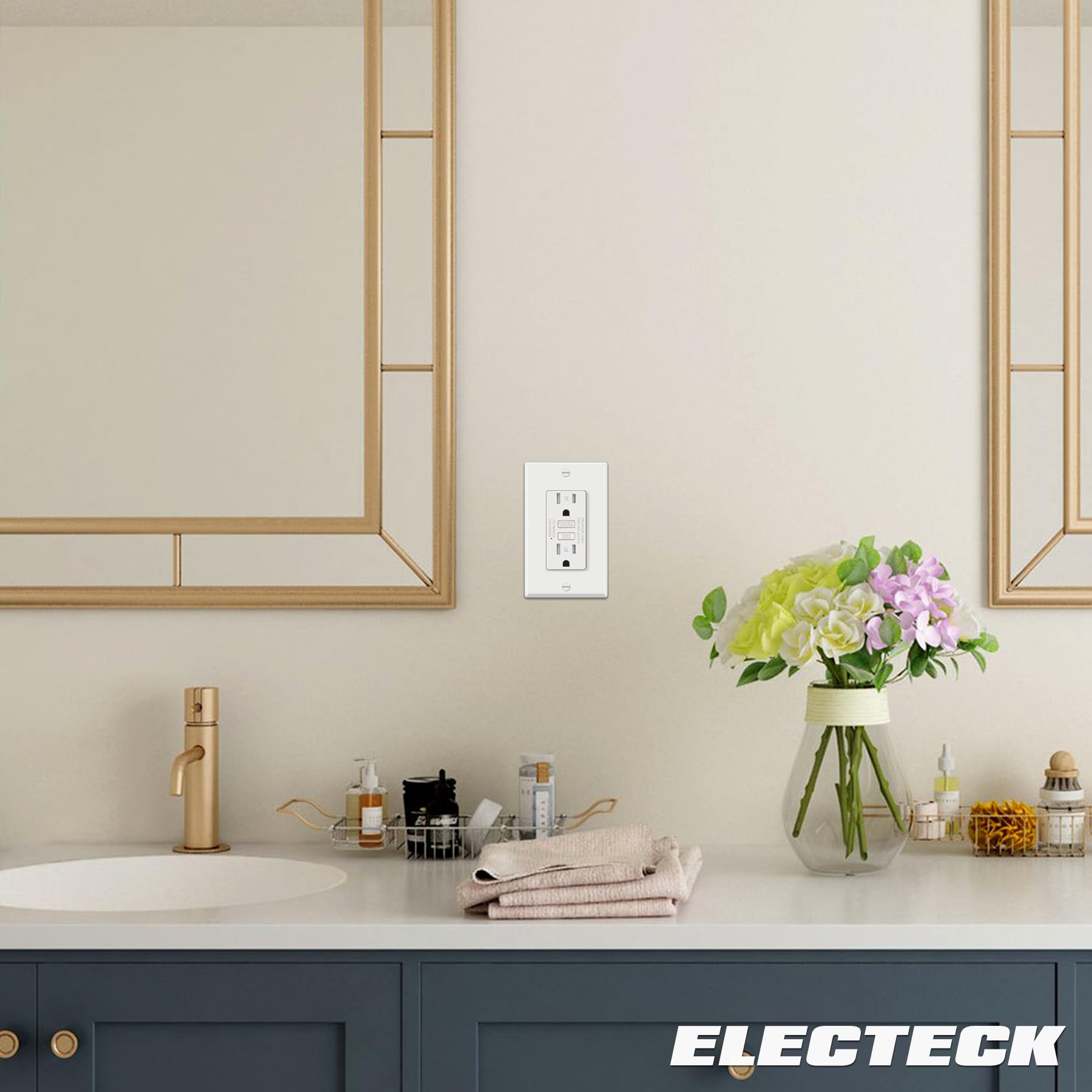 Electeck white GFCI receptacle blends with decor and fixtures.