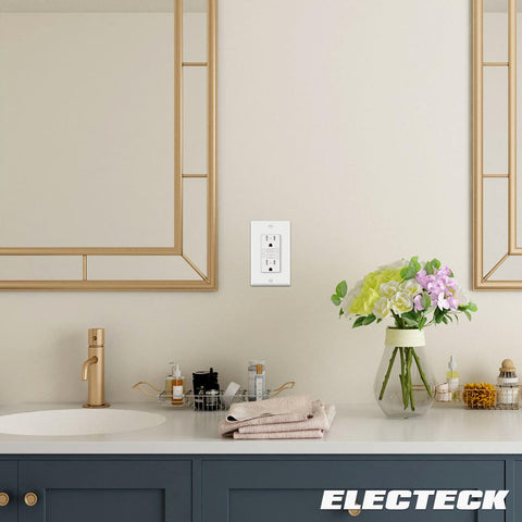 Electeck white GFCI receptacle blends with decor and fixtures.
