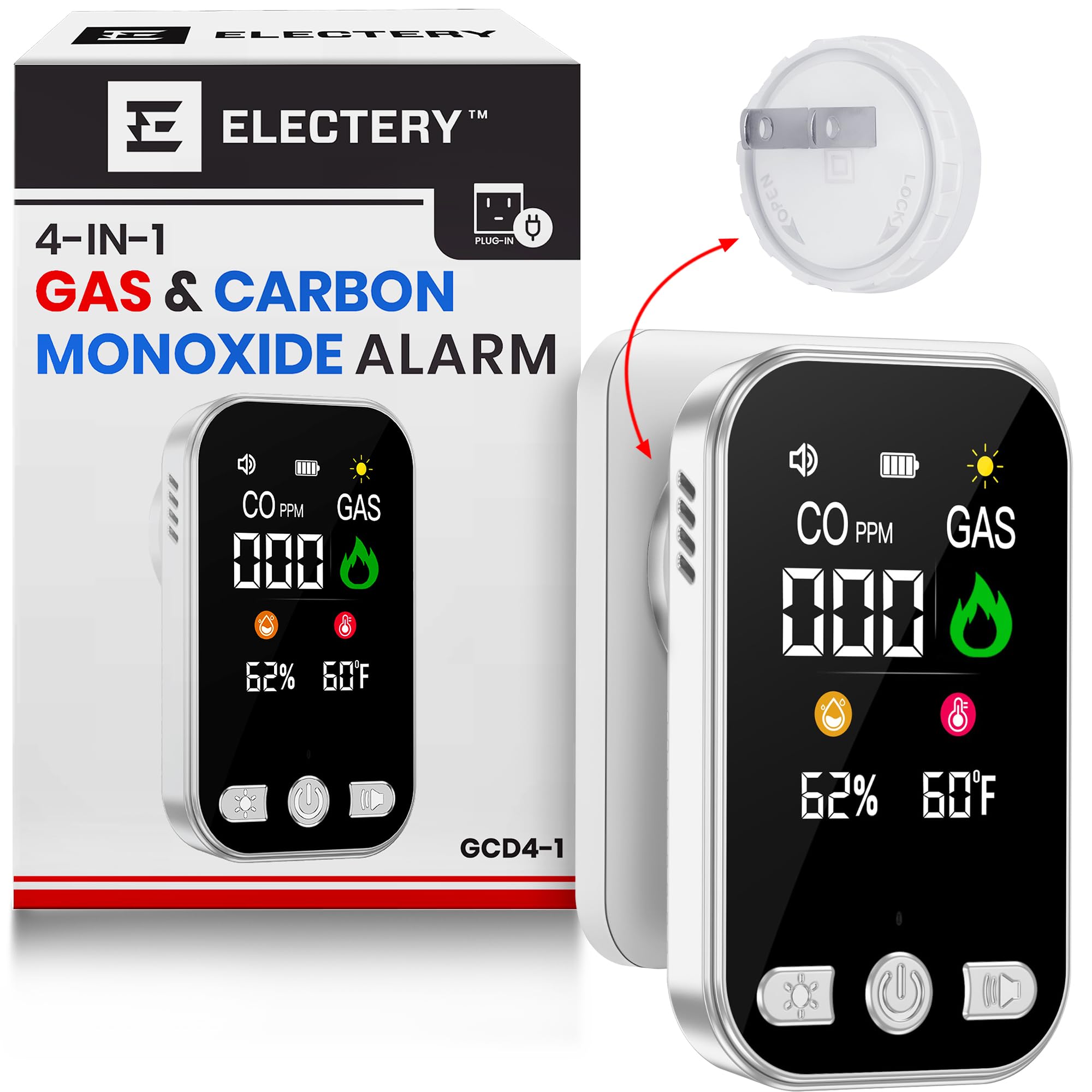 Electery 4-in-1 detector with LCD display shows gas and CO levels for quick safety checks.
