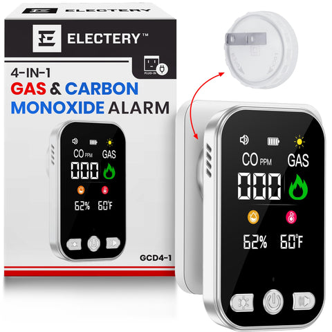 Electery 4-in-1 detector with LCD display shows gas and CO levels for quick safety checks.