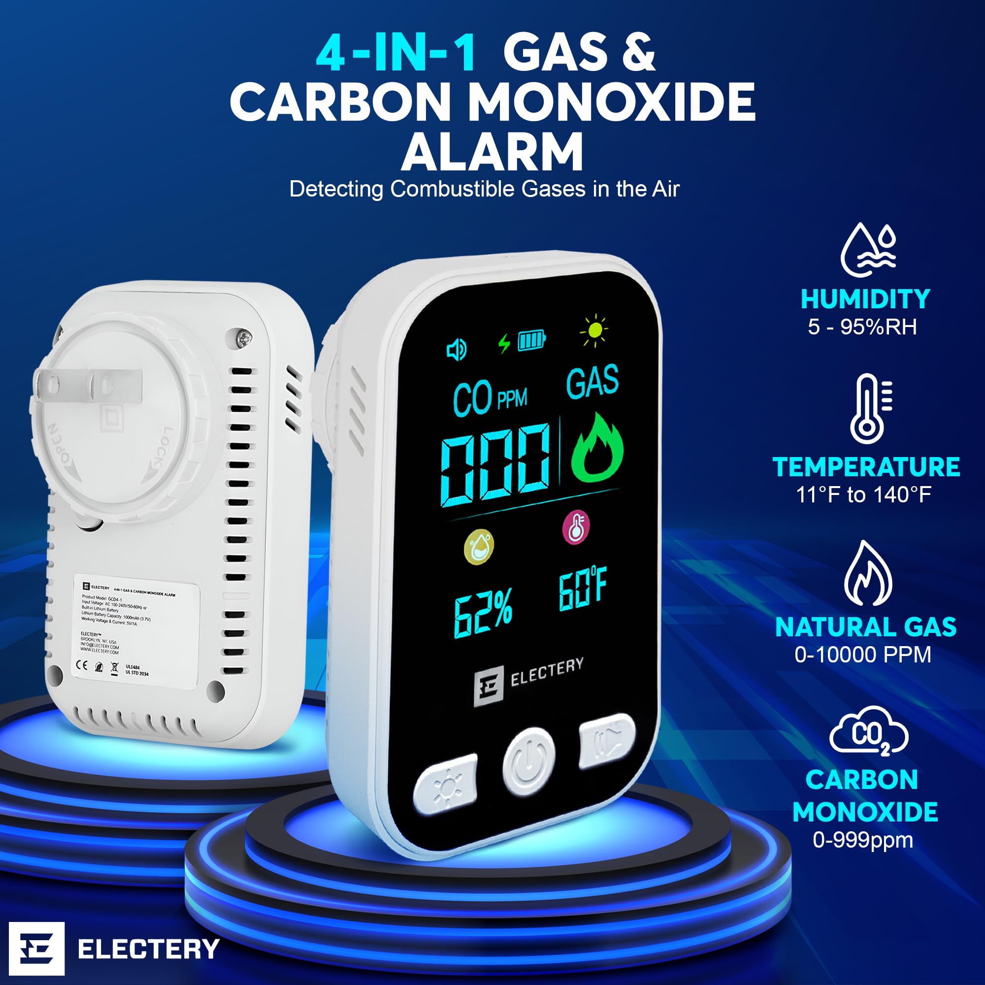 Electery plug-in detector at wall outlet providing real-time gas and CO alerts.